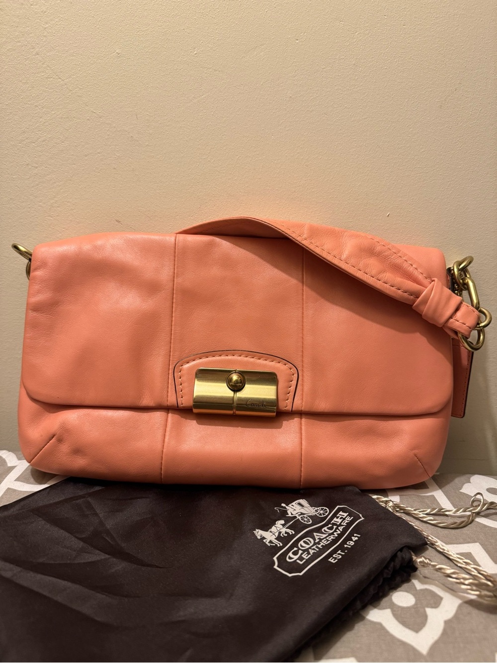 Authentic Vintage Coach Kristin Coral Leather Flap Shoulder Bag 14225